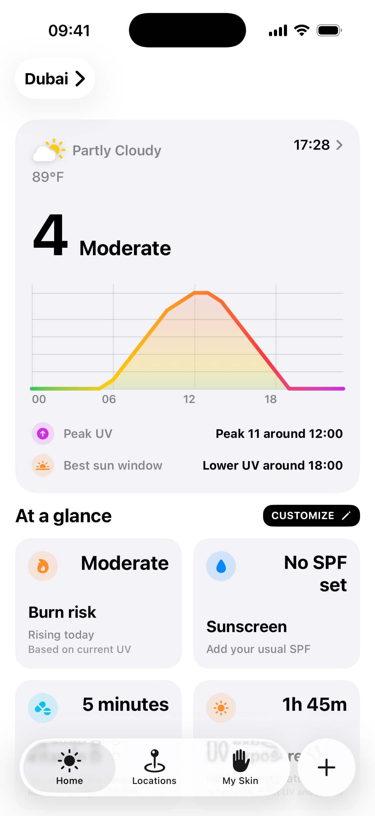 GlowSafe app showing UV index, peak UV time, lower UV window, and sun exposure planning cards.